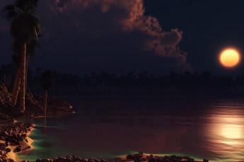 Картинка devils lake 3д графика nature landscape природа луна пальмы лагуна ночь