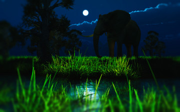 Картинка in pursuit of tusker 3д графика animals животные слон луна ночь