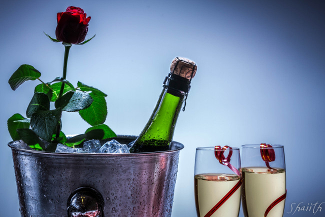 Обои картинки фото еда, напитки, вино, шампанское, роза, цветок, бутылка, фужеры, ведёрко