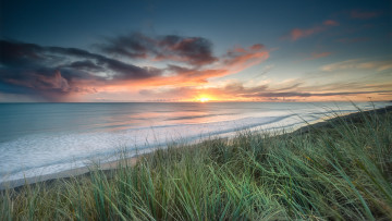 Картинка природа восходы закаты закат солнце трава пляж устье река уаикато новая зеландия