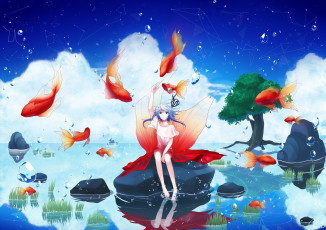 Картинка аниме животные +существа дерево камни вода рыбы платье девушка sean pcsbella art