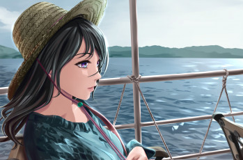 Картинка аниме unknown +другое перила корабль река шляпа арт shamakho девушка