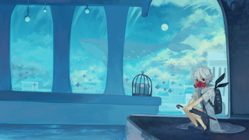 Картинка аниме животные +существа мальчик арт miwasiba рыбы кит аквариум альбинос зонт