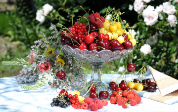 Картинка еда фрукты +ягоды смородина изобилие цветы клубника черешня малина ягоды роскошь лето