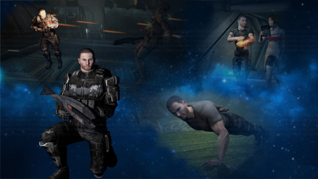 Обои картинки фото видео игры, mass effect, мужчина, взгляд, фон, оружие, вселеная