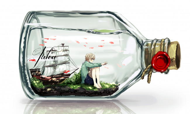 Обои картинки фото аниме, unknown,  другое, печать, рыбки, вода, корабль, арт, парень, бутылка, canarinu, kmes