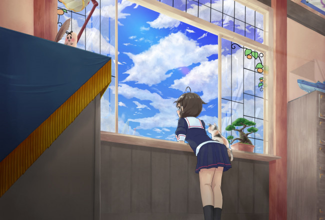 Обои картинки фото аниме, kantai collection, небо, комната, yaesaka, окно, кошка, девочка, арт, kancolle, shigure, kantai, collection