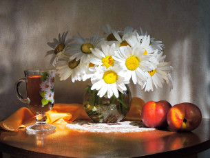 Картинка еда натюрморт утро ромашки чай фото фрукты нектарины конкурс бокал летний завтрак цветы