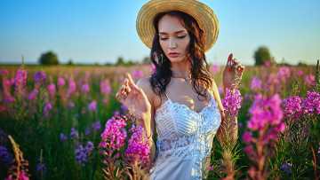 Картинка девушки -unsort+ брюнетки темноволосые ксения харченко шляпа цветы поле