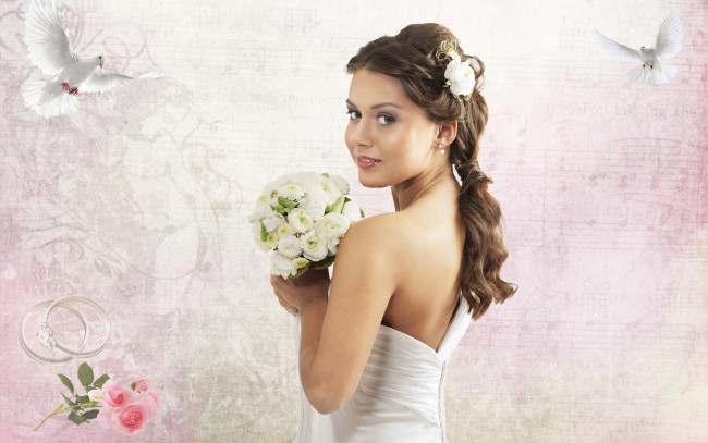 Обои картинки фото девушки, -unsort , невесты, кольца, голуби, букет, цветы, шатенка, платье, невеста