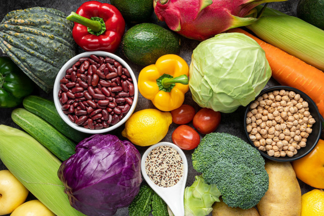 Обои картинки фото еда, фрукты и овощи вместе, капуста, перец, огурцы