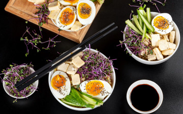 Картинка еда яичные+блюда тофу отварные яйца зелень