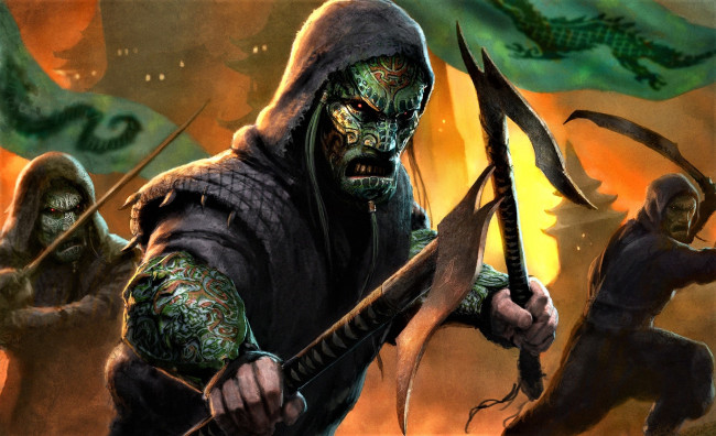 Обои картинки фото видео игры, age of conan,  hyborian adventures, воины, оружие, маски