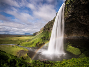 обоя seljalandsfoss, iceland, природа, водопады, скалы, долина, радуга, исландия
