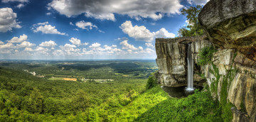 Картинка природа пейзажи водопад панорама скалы лес облака