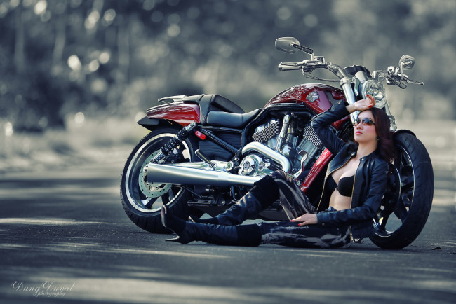Обои картинки фото мотоциклы, мото, девушкой, harley-davidson, азиатка