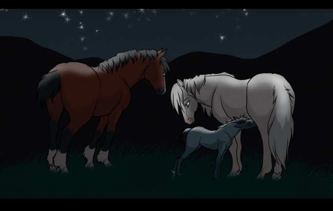 Обои картинки фото рисованные, животные, лошади, горы, ночь