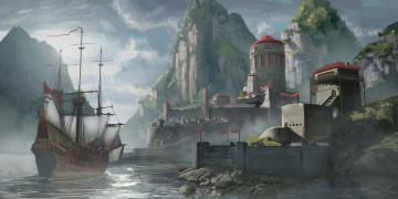 Картинка фэнтези иные+миры +иные+времена парус горы скалы замок корабль порт