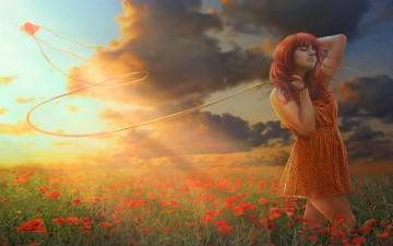 Картинка рисованные люди девушка воздушный змей цветы поле