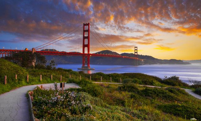 Обои картинки фото города, - мосты, рассвет, золотые, ворота, мост, утро, сан-франциско, калифорния