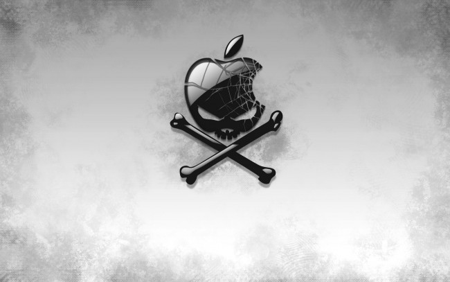 Обои картинки фото компьютеры, apple, трещины, яблоко, кости, череп, логотип