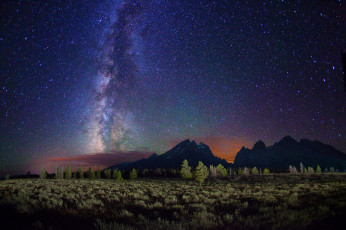 Картинка космос звезды созвездия поле горы млечный путь деревья