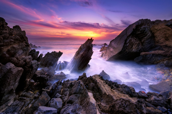Обои картинки фото природа, побережье, море, закат, пейзаж, волны, скалы