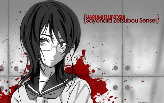Обои картинки фото аниме, sayonara zetsubo sensei, кровь, очки, девушка, лицо