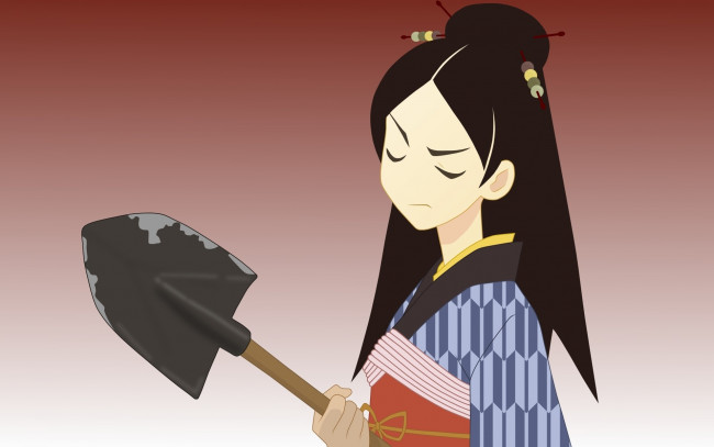 Обои картинки фото аниме, sayonara zetsubo sensei, лопата, девочка, кимоно