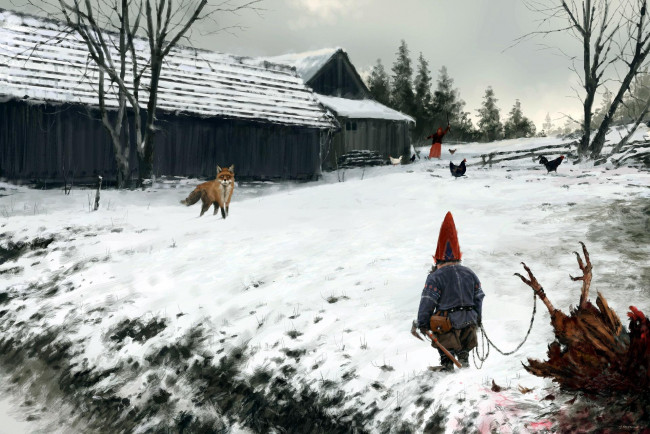 Обои картинки фото фэнтези, существа, дом, зима, снег, куры, лиса, гном