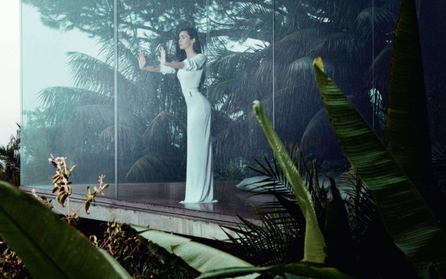 Обои картинки фото девушки, megan fox, актриса, платье, куб, стекло, дождь, джунгли