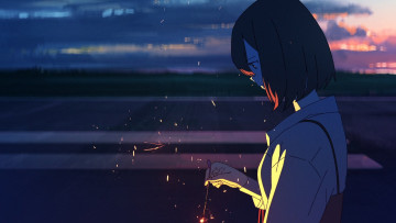 Картинка аниме summer+ghost девушка искры закат