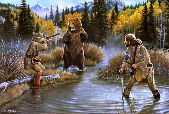 Обои картинки фото trouble, on, clear, creek, рисованные, jerry, crandall, ситуация, охотники, медведь, проблема