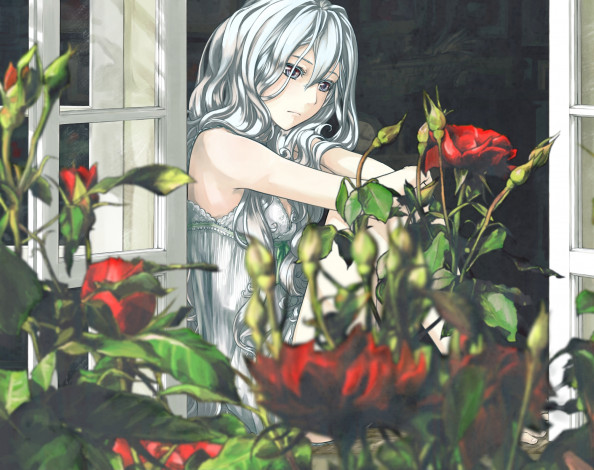 Обои картинки фото by, unosawa, subaru, аниме, *unknown, другое, девушка, окно, цветы