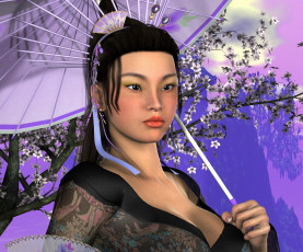Картинка 3д+графика портрет+ portraits веер зонтик азиатка сакура взгляд девушка