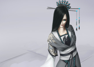 Картинка фэнтези девушки forgotten-wings арт заколка волосы серый фон наряд девушка кимоно