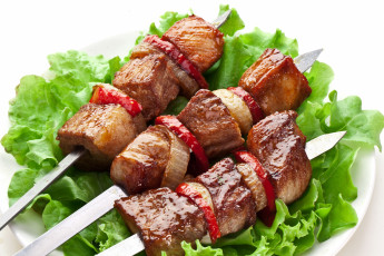 Картинка еда шашлык +барбекю зелень шампур мясо
