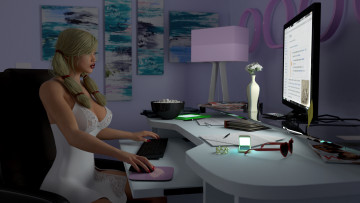 Картинка 3д+графика люди+ people ваза компьютнр стол комната взгляд девушка