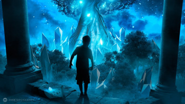 Картинка фэнтези люди дерево ночь мальчик сияние desktopography кристаллы