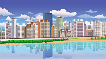 Картинка векторная+графика город отражение река дома облака небо деревья