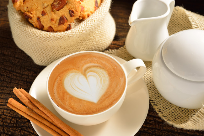 Обои картинки фото еда, кофе,  кофейные зёрна, сердце, любовь, чашка, coffe, love, heart, молоко, какао