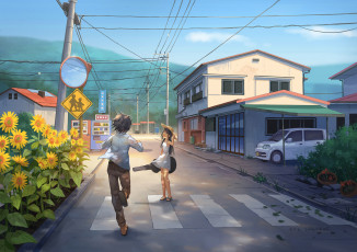 Картинка аниме город +улицы +здания дети