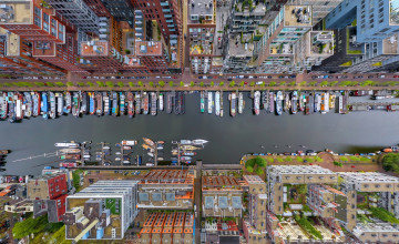 Картинка города амстердам+ нидерланды панорама улица канал дома здания лодки