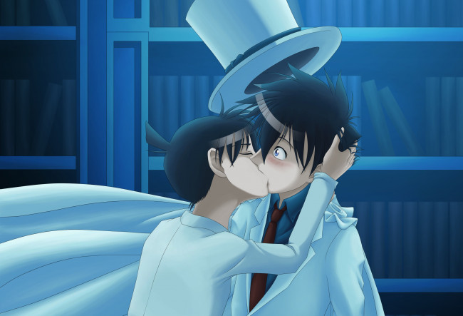 Обои картинки фото аниме, detective conan,  magic kaito, поцелуй