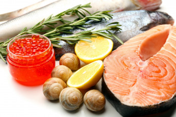Картинка еда рыба +морепродукты +суши +роллы улитки икра красная розмарин форель лимон