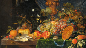 Картинка рисованное живопись абрахам миньон натюрморт с фруктами и устрицами картина масло холст