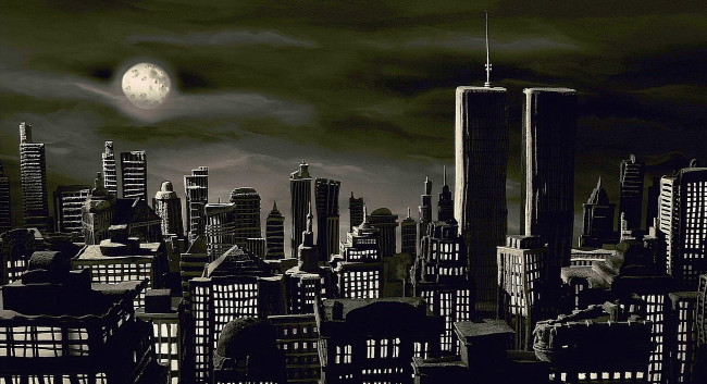 Обои картинки фото рисованное, города, луна, ночь, здания