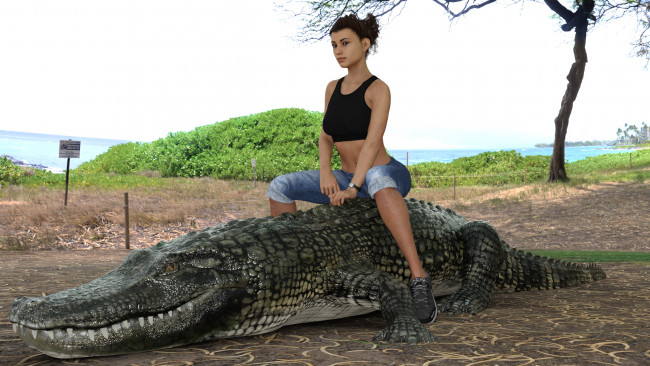 Обои картинки фото 3д графика, люди и животные , people and animals, девушка, крокодил, фон, взгляд