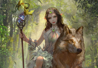 Картинка фэнтези эльфы животное волк девушка взгляд арт эльфийка сидит