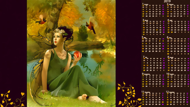 Обои картинки фото календари, фэнтези, девушка, крылья, птица, яблоко, природа, растения